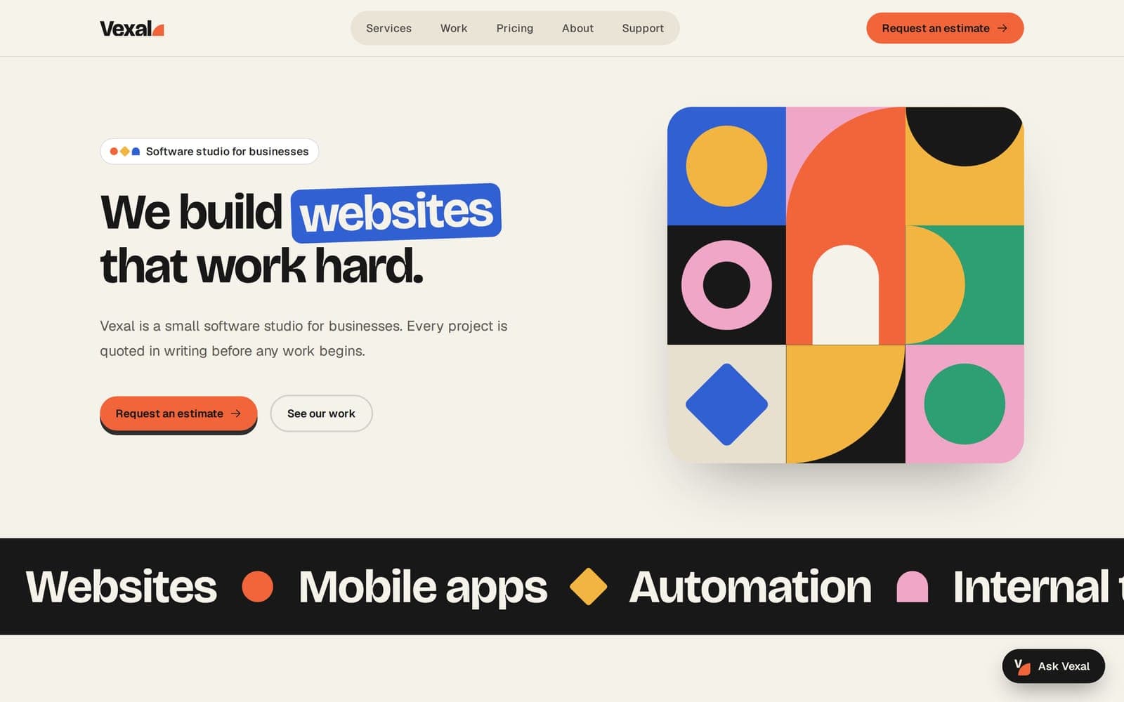 The Vexal homepage: 'We build websites that work hard' beside a grid of bold geometric shapes